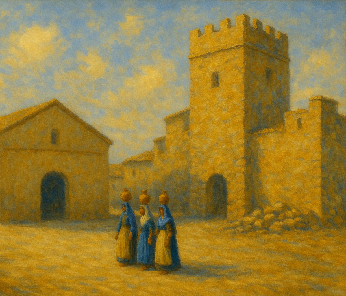 Reconstrucción de la plaza de la Morería mediante IA con la mezquita y el torreón al fondo.