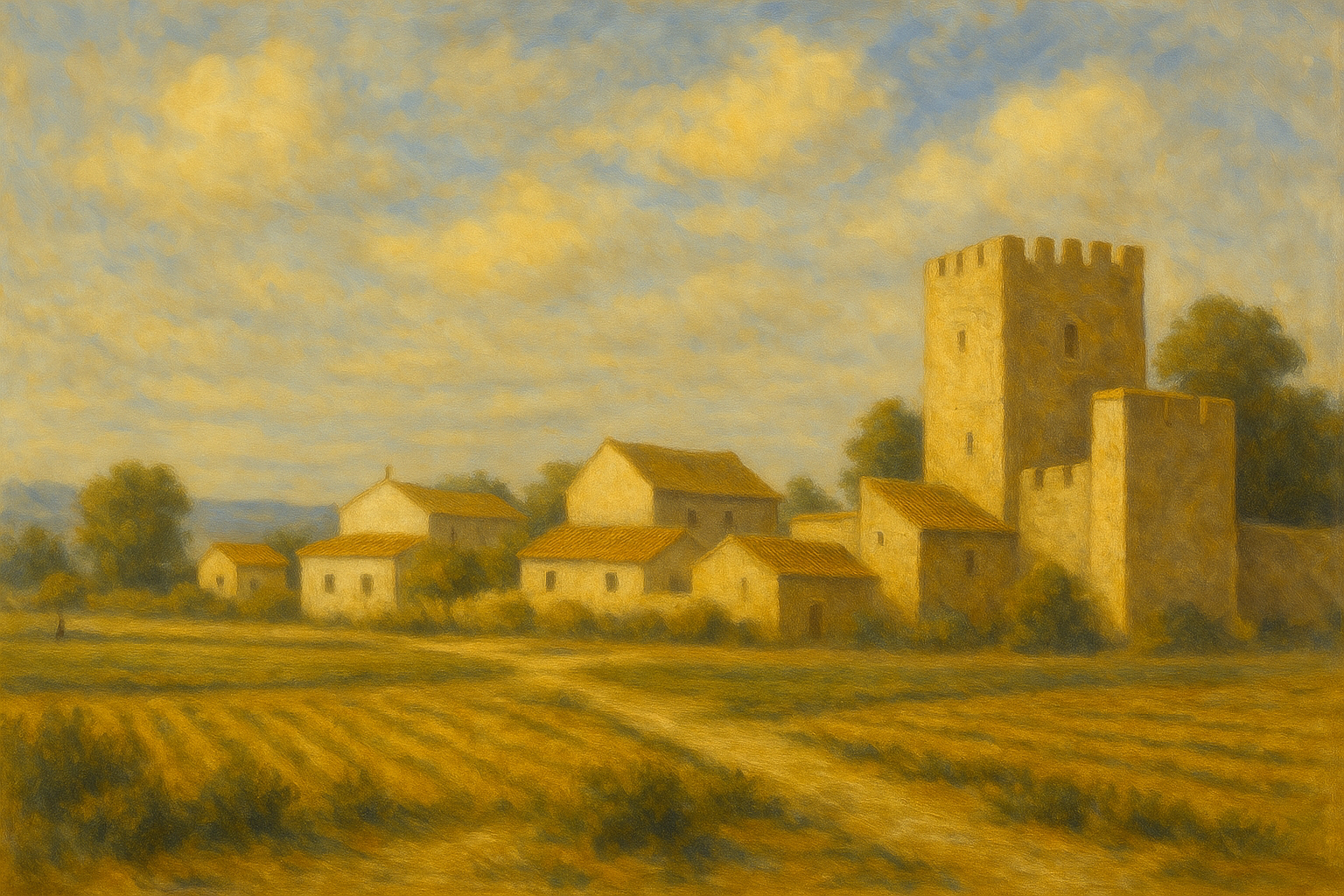 Recreación con IA de como podía haber sido la población en época andalusí incluyendo el torreón del desaparecido Castillo de la Morería y la Sierra de Espadá al fondo.