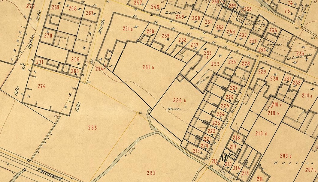 Extracto de un plano de los años 50 en el que se aprecian las dimensiones de El Caserón y el huerto perteneciente a éste marcados con los números 261a (edificio) y 261b (huerto).