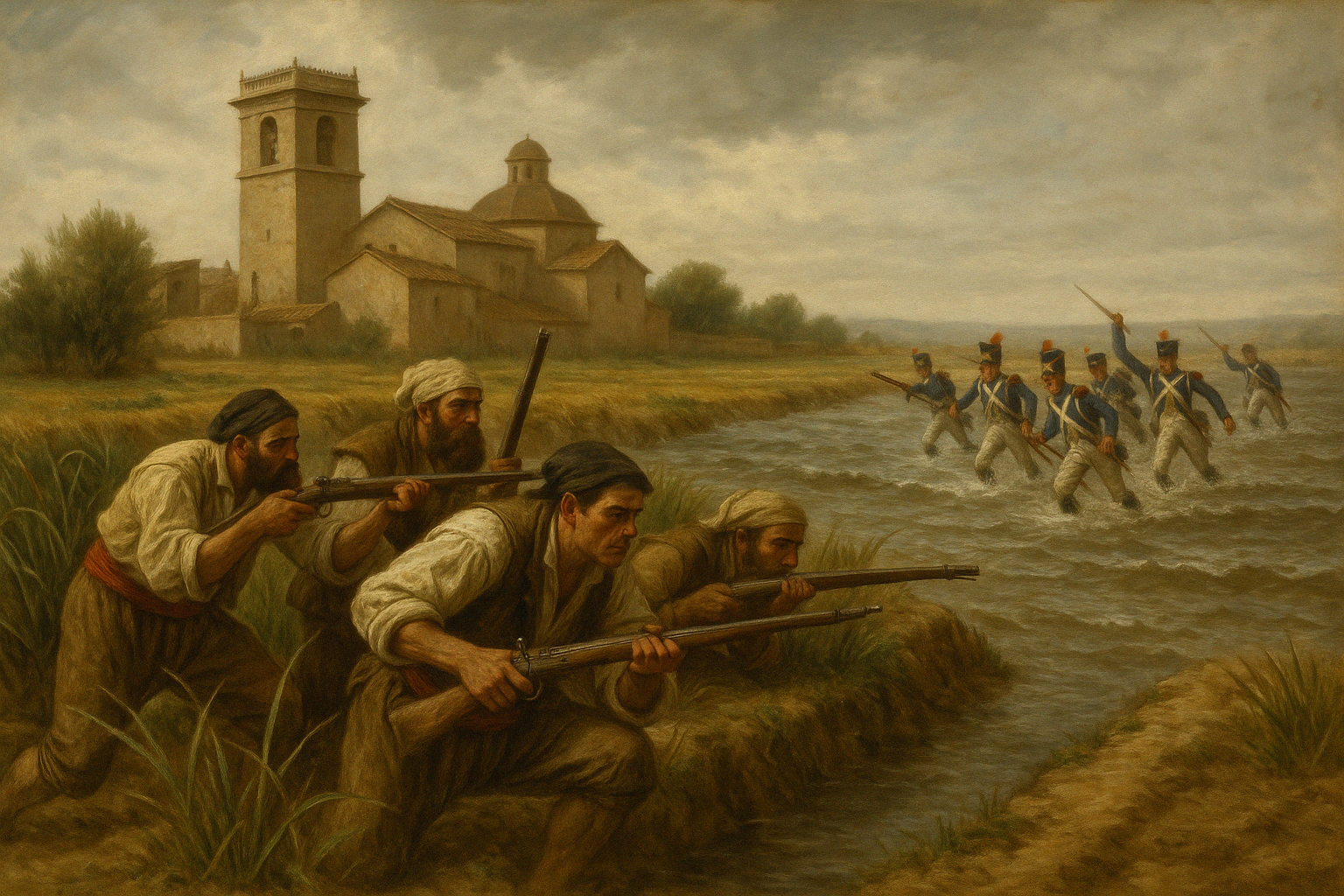 Tropas italianas cruzando el Turia hacia Mislata. Recreado con IA.