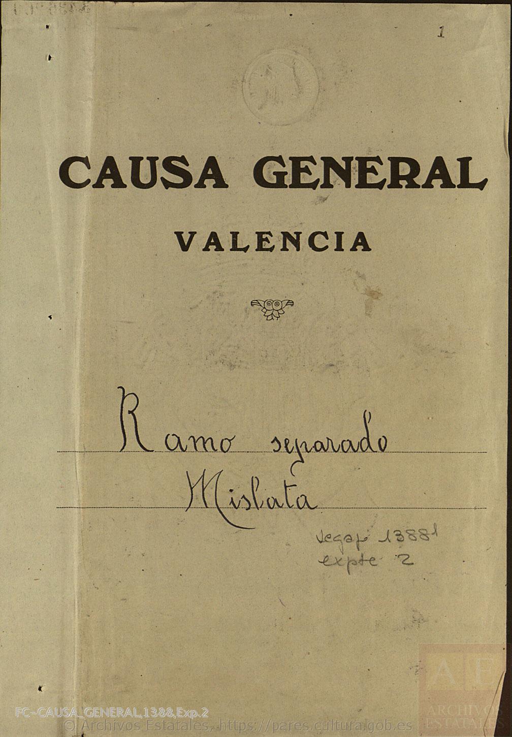 Portada del apartado dedicado a Mislata en la Causa General, donde se recogen los testimonios de víctimas del Comité Popular y varios vecinos.