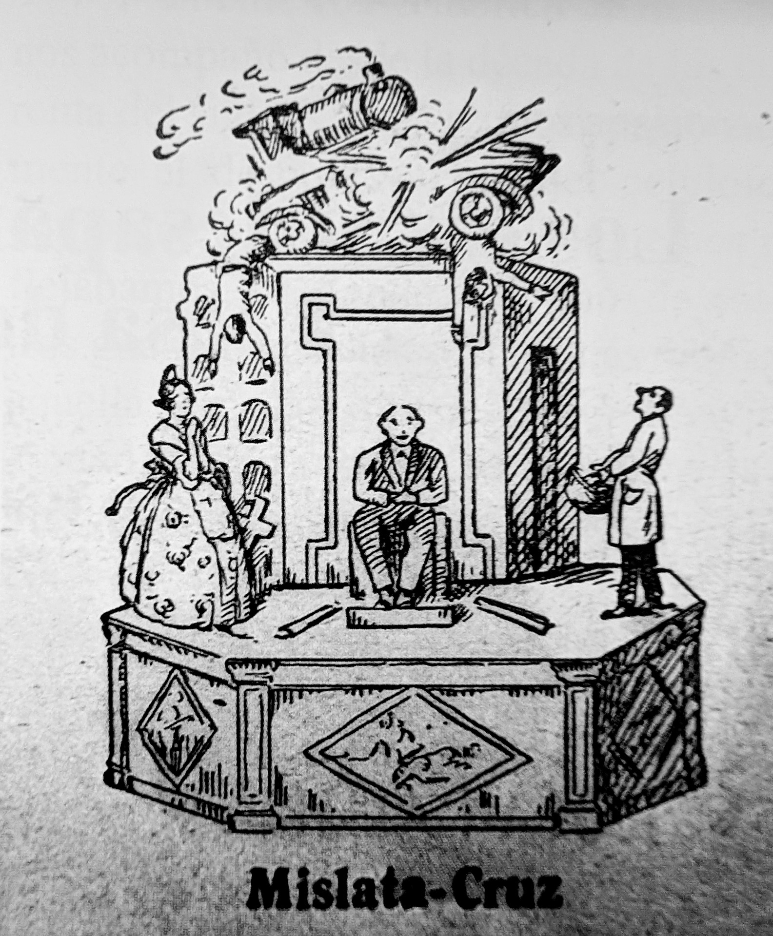 Boceto de la Falla de la Creu en 1931. Lema: ¿Cuan s'acabarán, redell, estos pasos a nivell?