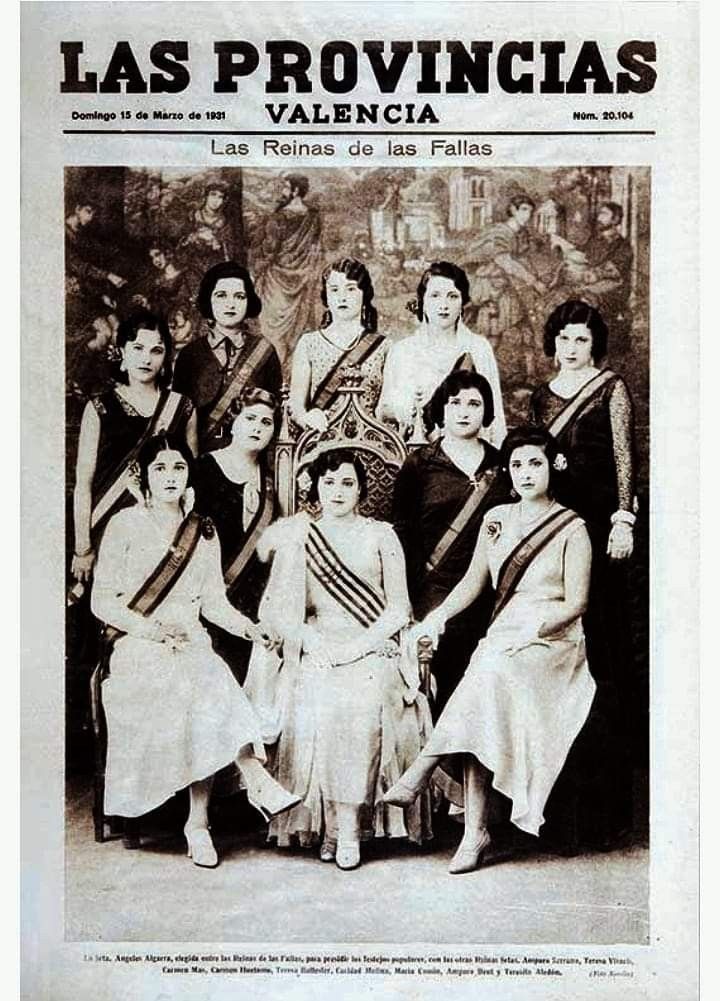 Las Reinas de las Fallas de 1931 en la portada de Las Provincias. Teresita Aledón, sentada a la izquierda.