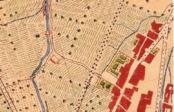 El Azagador de Zamarra en un plano de 1883. A la derecha se observa la plaza de la Constitución y en el centro el cementerio viejo.