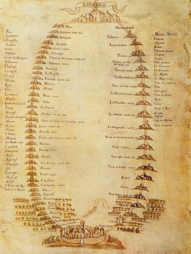 Plano de postas Madrid-Valéncia del siglo XVIII en el que se representas las carreteras de Castilla a la izquierda y de las Cabrillas a la derecha en la que aparecen representadas Mislata y su cruz.